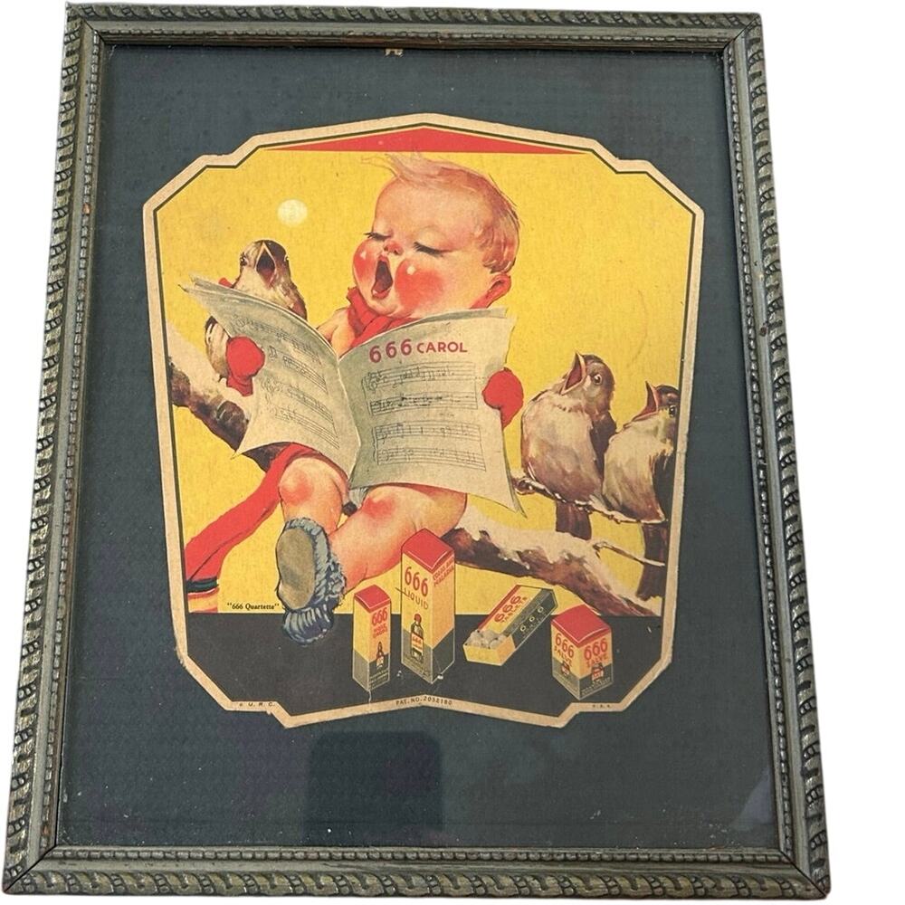 Framed Advertising Fan 666 Quartet c1930s Roberts Monticello Drugs